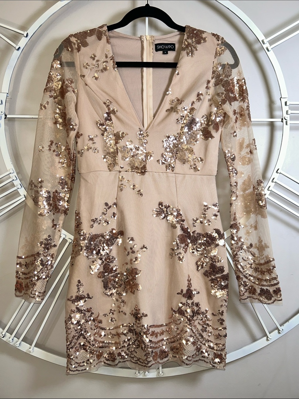 Showpo Floral Sequin Embellished Bodycon Mini Dress Sheer Long Sleeve Nude Glam